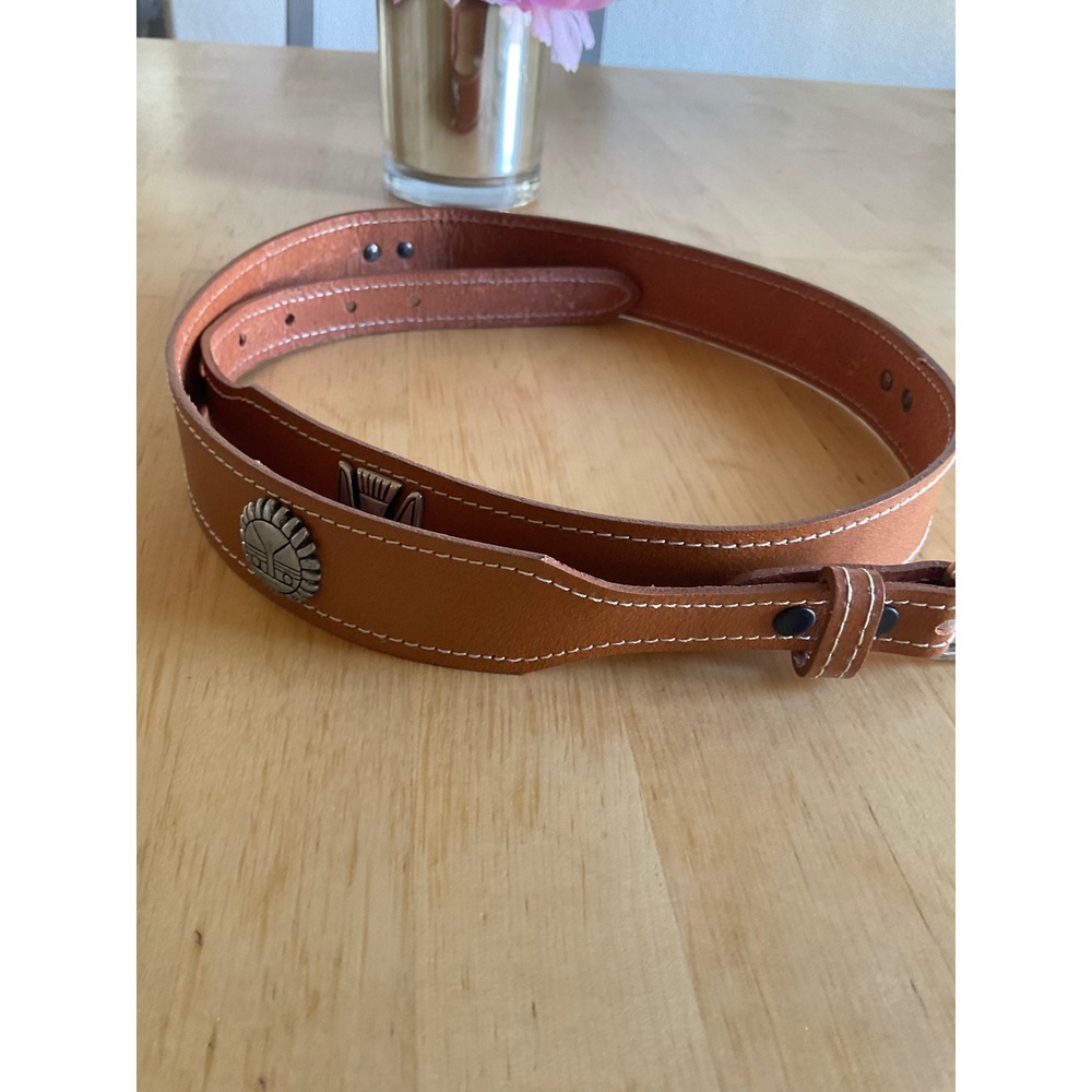 Tan Leather Southwestern Concho Belt Silver Tone Buffalo Thunderbird Sun Size 34